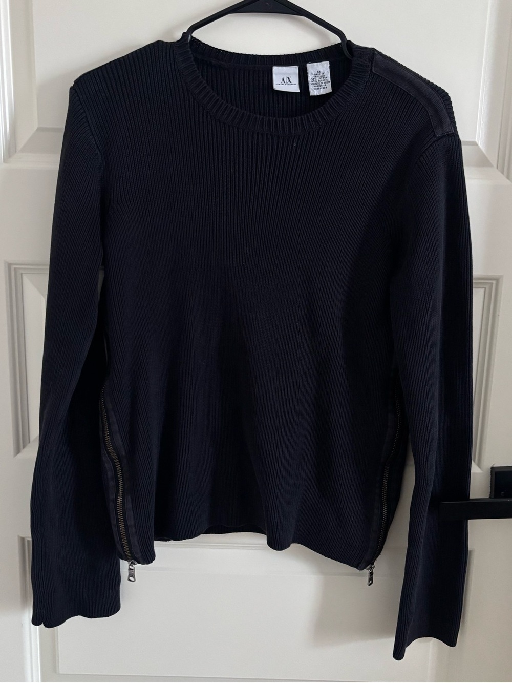 Armani Exchange Black Ribbed Crewneck Sweater with Side Zippers